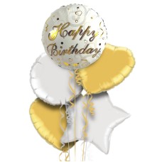 Classy Happy Birthday Gold and White Balloon Bouquet With Free Lily O Brien Chocolate Set